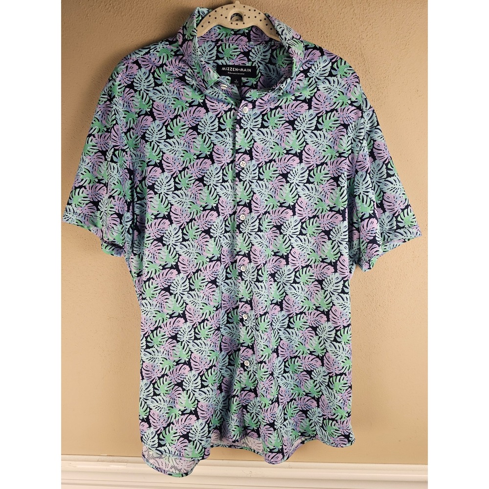 Mizzen + Main Mens Palm Leaf Print Halyard Golf Camp Shirt Large Trim